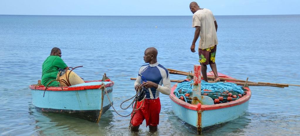 Three fishermen (fishers) in Grenada are seen using two fishing boats.