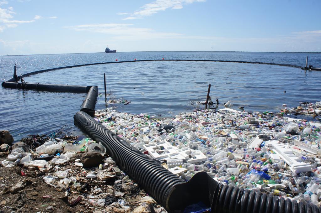 A debris boom installed in Kingston, Jamaica, intercepts plastic bottles, styrofoam and other floating waste before it enters the Caribbean Sea.