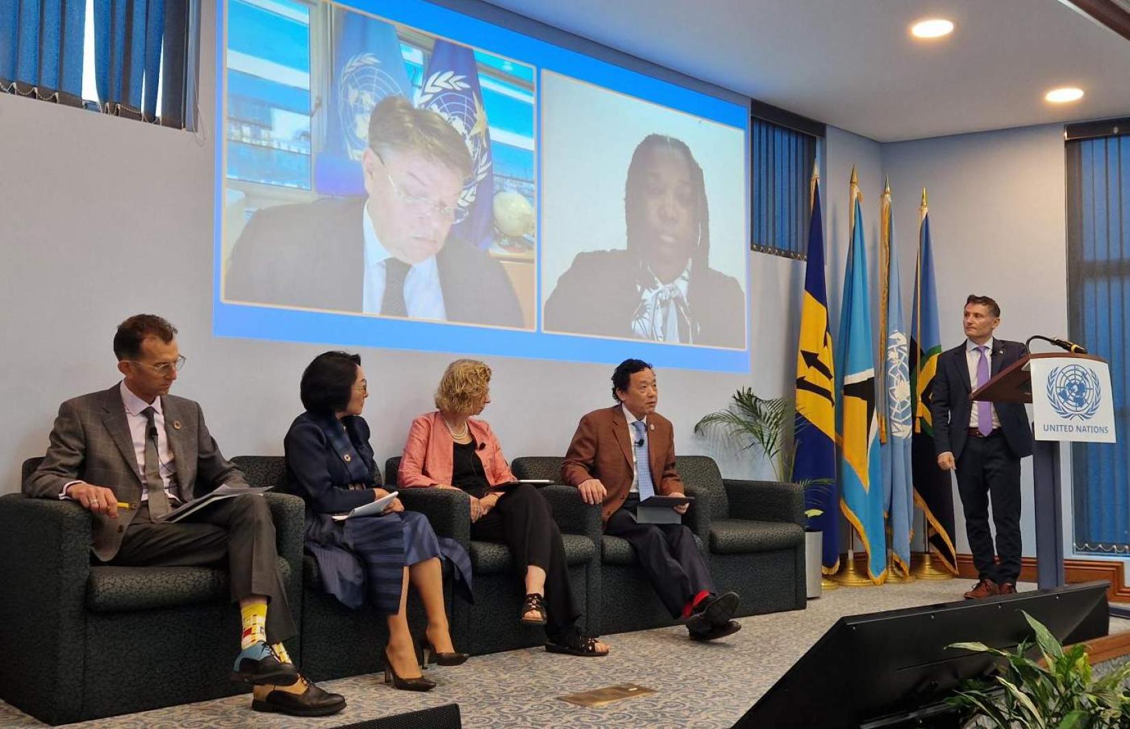 Panel discussion with Gerard Howe, Mami Mizutori, Inger Andersen and Qu Dongyu, with Petteri Taalas and Shajunee Gumbs via video link, moderated by UN Resident Coordinator Didier Trebucq