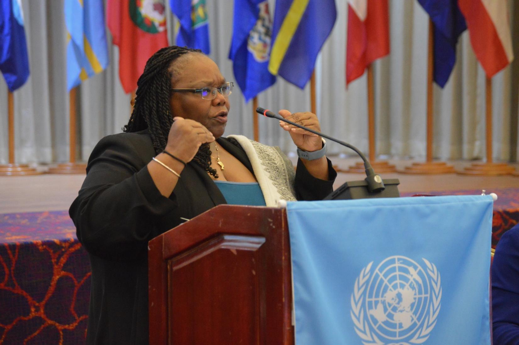 Diane Quarless, Director of the UN Economic Commission for Latin America and the Caribbean (ECLAC) Subregional Headquarters for the Caribbean addresses the the 21st Meeting of the Monitoring Committee of the Caribbean Development and Cooperation Committee (CDCC) held in Port-of-Spain, Trinidad and Tobago.