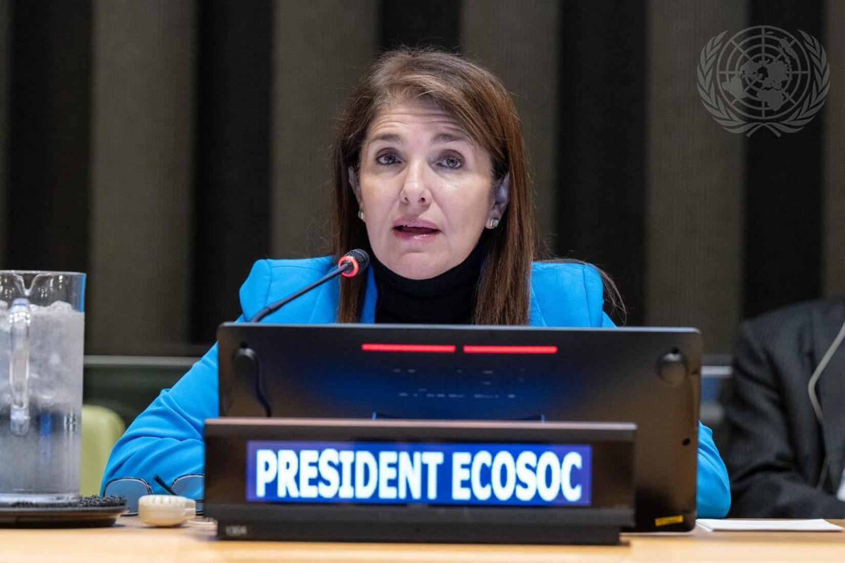 Paula Narváez Ojeda, President of the Economic and Social Council (ECOSOC) and Permanent Representative of Chile to the United Nations, speaks into a microphone