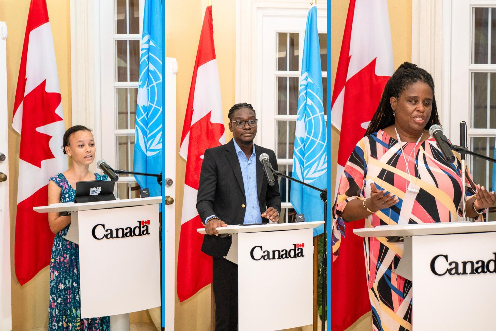 A composite photograph of three different speakers at the same podium