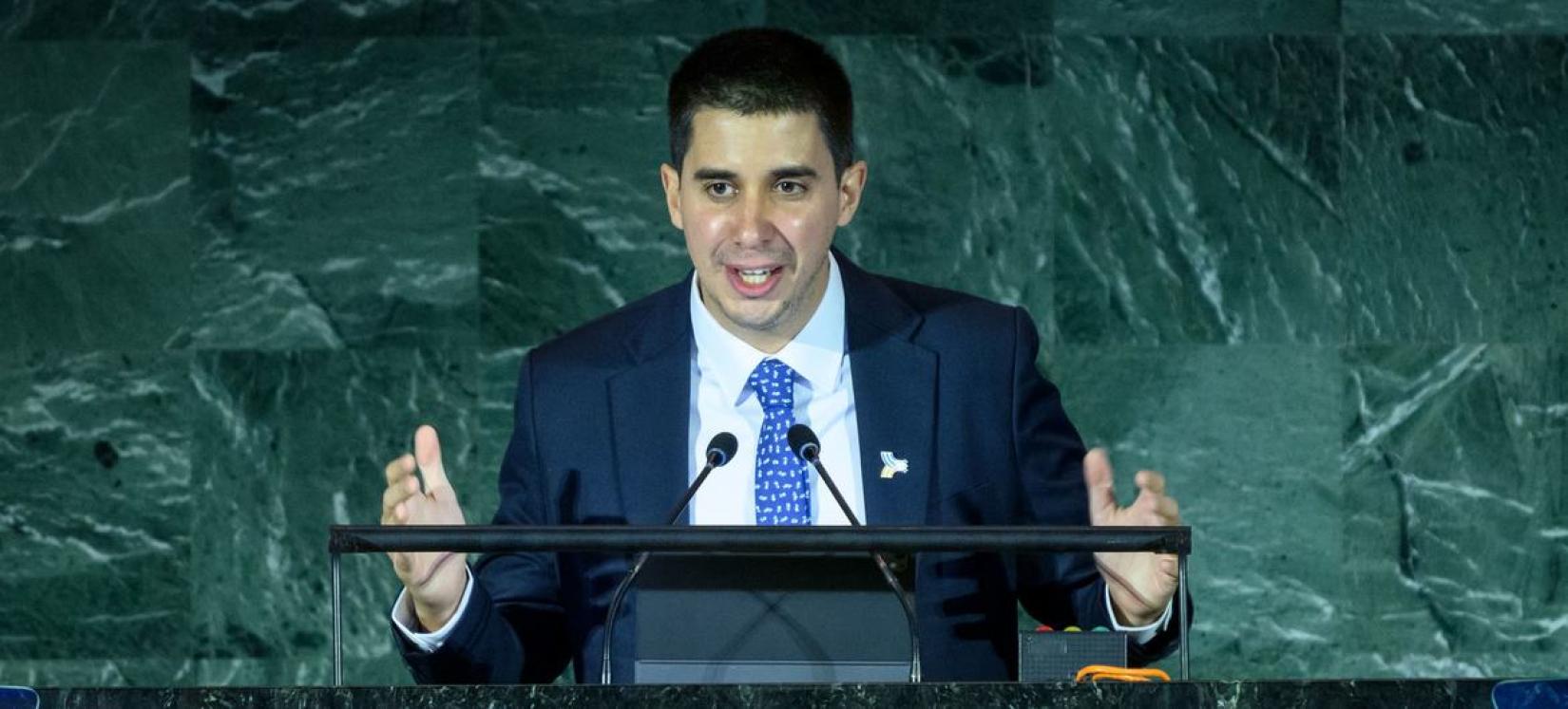 Felipe Paullier, the first-ever UN Assistant Secretary-General for Youth Affairs, delivers remarks from the podium at the UN General Assembly hall for the summit of the Future Action Days