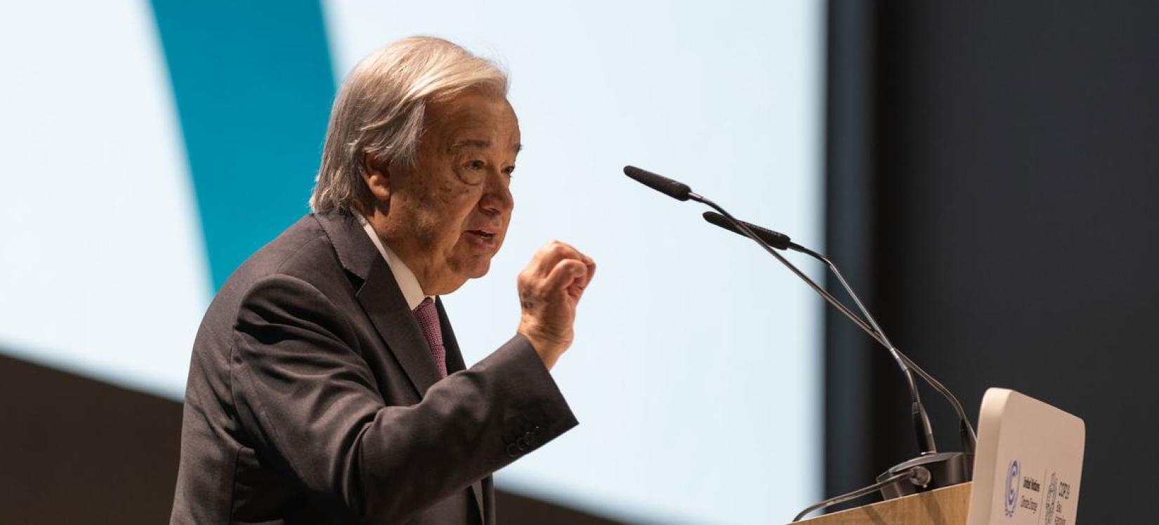 UN Secretary-General António Guterres addresses the Small Island Developing States Summit at COP29, in Baku, Azerbaijan.