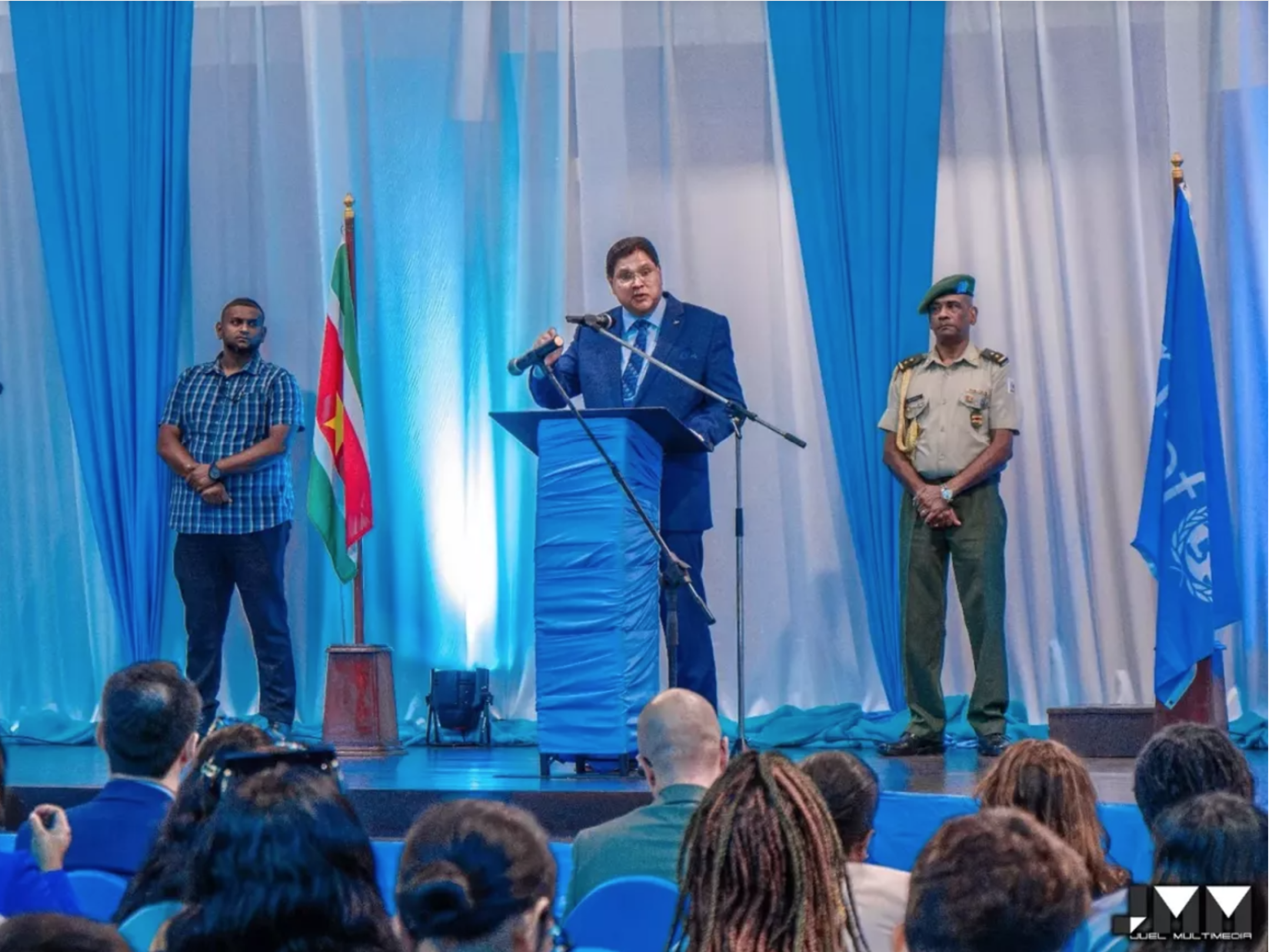 President of Suriname, Chandrikapersad Santoki delivering feature address at the CRC@35 event in Paramaribo in front of 120 students, Cabinet Ministers, the Attorney General among other partners.