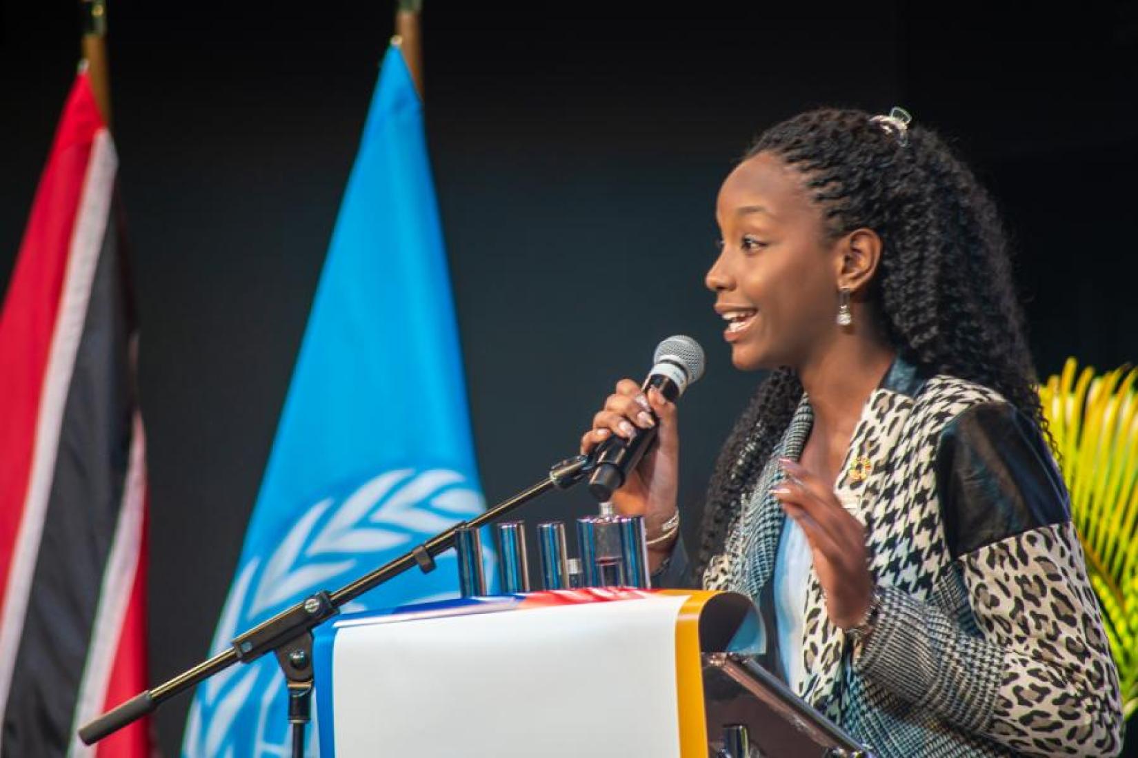 Spoken word poet, Krisann Bedassie, delivers her performance during the UN Day 2024 Reception