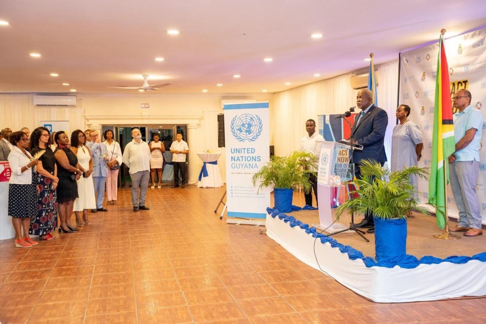 Hon. Brigadier (Ret'd) Mark Phillips, Acting President and Prime Minister of the Cooperative Republic of Guyana delivers remarks at the UN Day reception.