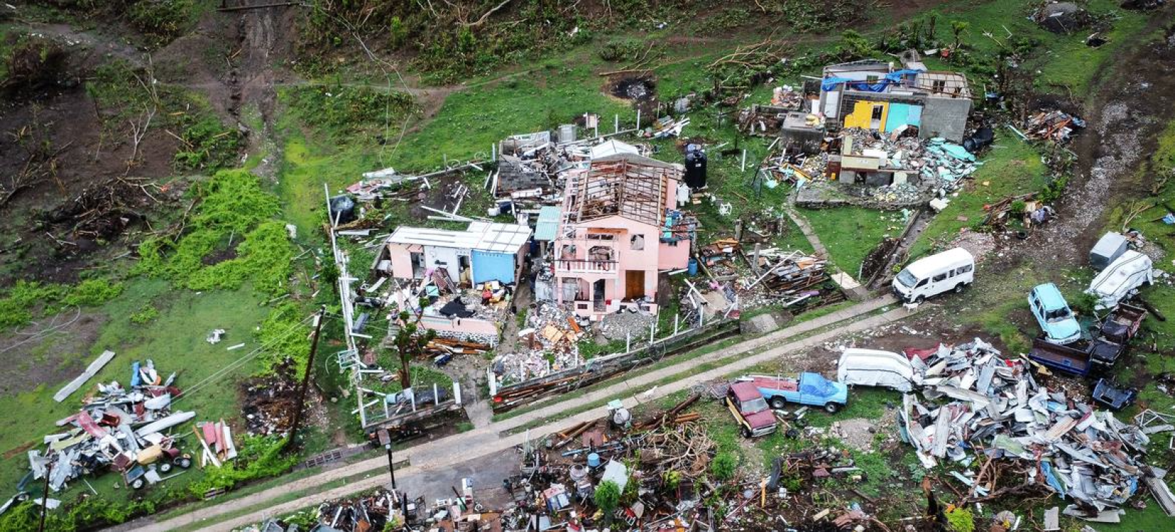 Aerial view of houses destroyed by Hurricane Beryl as it barrelled through Union Island in St. Vincent and the Grenadines.