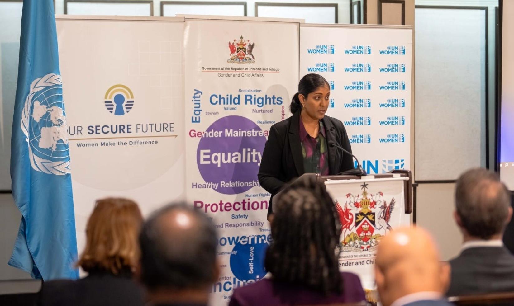 Je’nille Maraj, Planning and Coordination Specialist, UN Women Multi-Country Office – Caribbean congratulated all stakeholders on their invaluable work in developing the Women, Peace and Security (WPS) National Action Plan (NAP) of Trinidad and Tobago during her closing remarks at the Launch of the WPS NAP at the Hilton Trinidad and Conference Centre on Wednesday 26th March, 2025. 