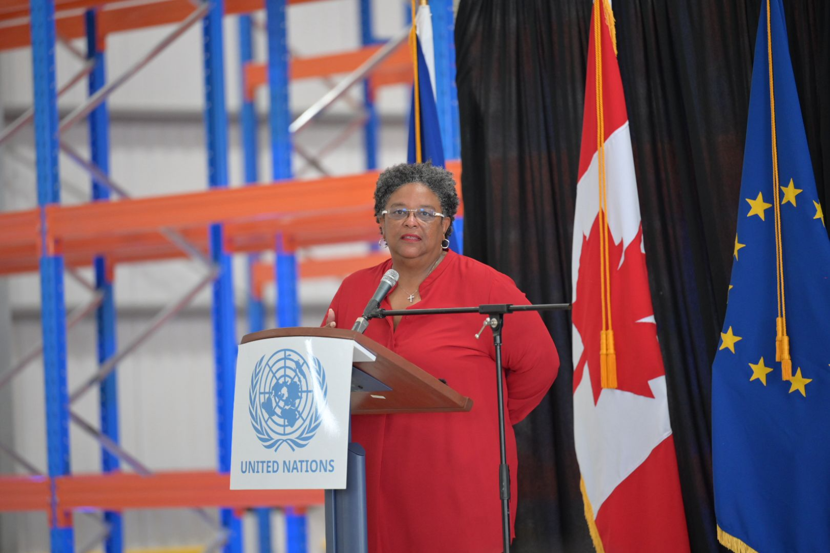 Prime Minister of Barbados, Mia Amor Mottley, delivers an address at the inauguration of the Caribbean Regional Logistics hub and Centre of Excellence in Barbados.