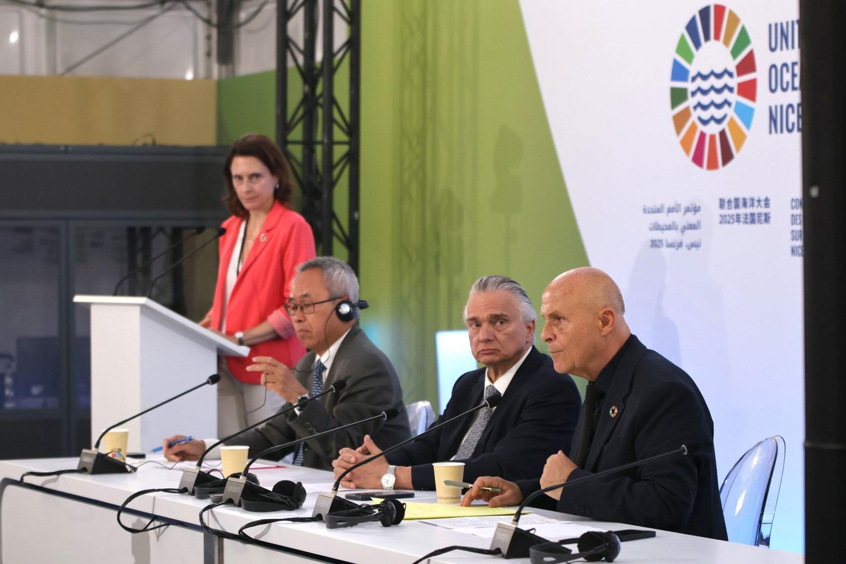 Olivier Poivre d’Arvor (right), France’s special envoy for the conference, at UNOC3;s closing press conference, in Nice.