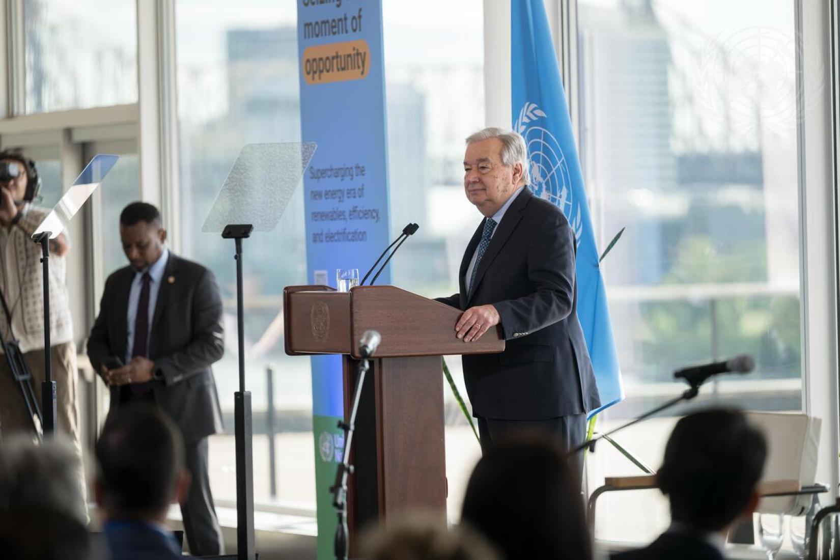 United Nations Secretary-General António Guterres (at podium) delivers a special address on Climate Action “A Moment of Opportunity: Supercharging the New Energy Era”.