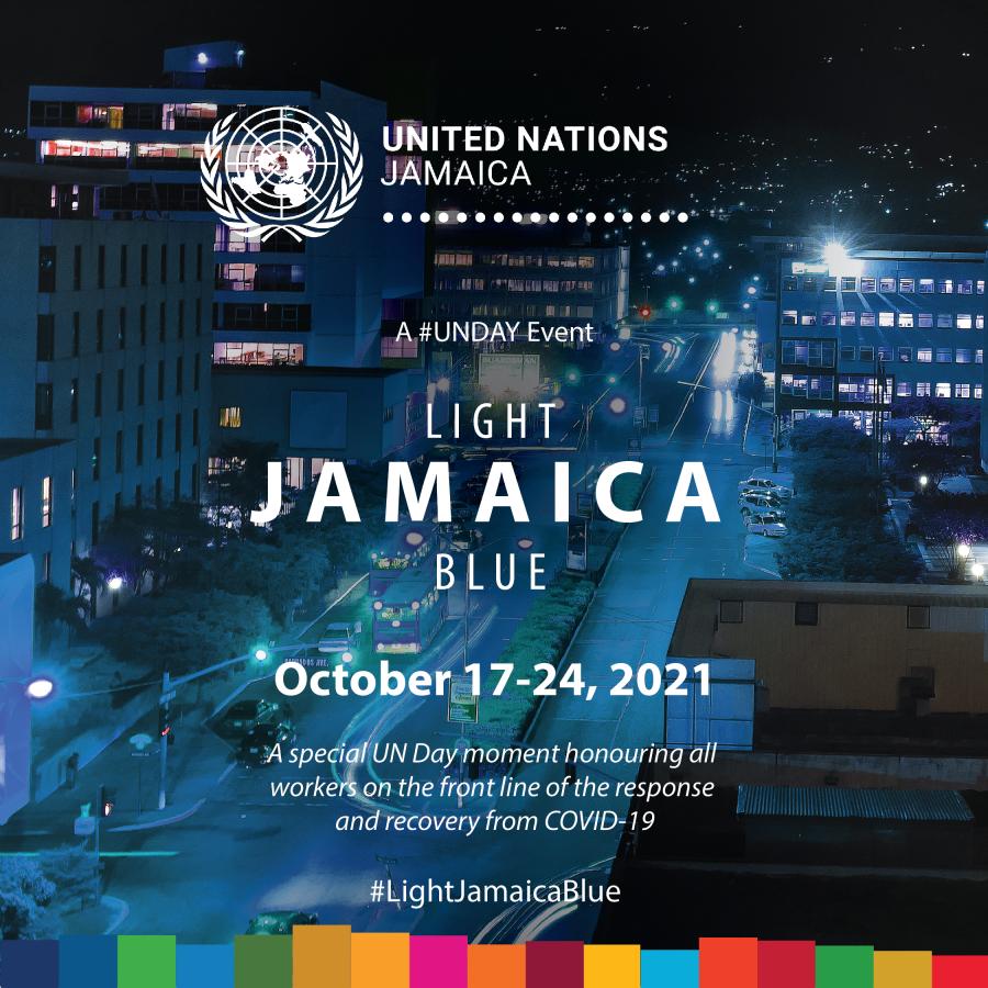 Photo of street in Jamaica lit up in blue lights with text promoting the "Light Jamaica Blue" week of activities. 