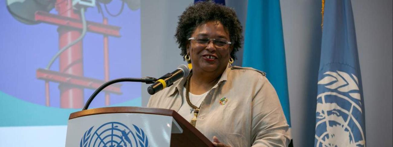Prime Minister of Barbados, the Hon. Mia Mottley speaks at the Early Warnings for All launch event for the Caribbean