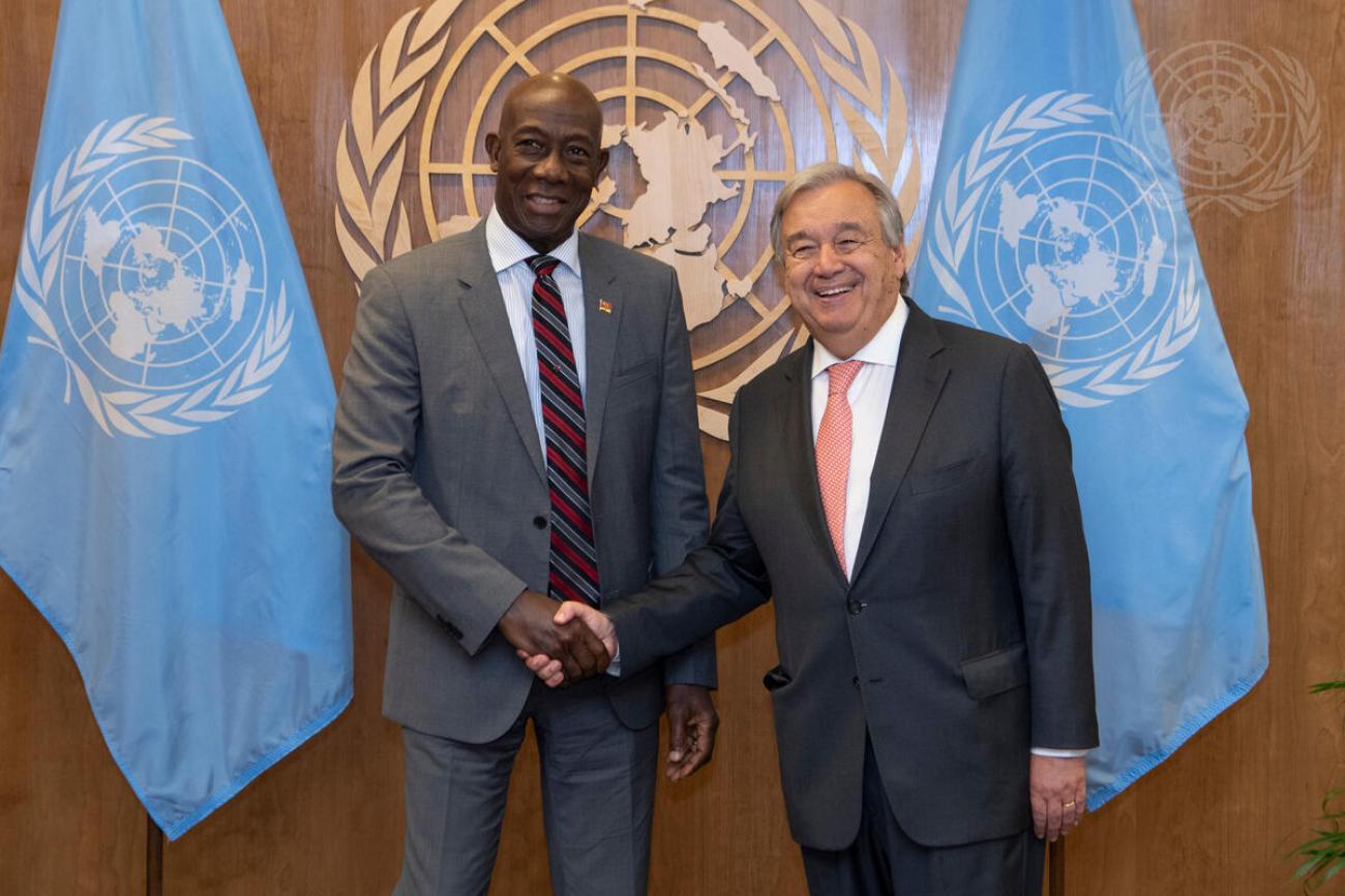 A 2019 meeting between Secretary-General António Guterres (right) and Dr Keith Rowley, Prime Minister of the Republic of Trinidad and Tobago.