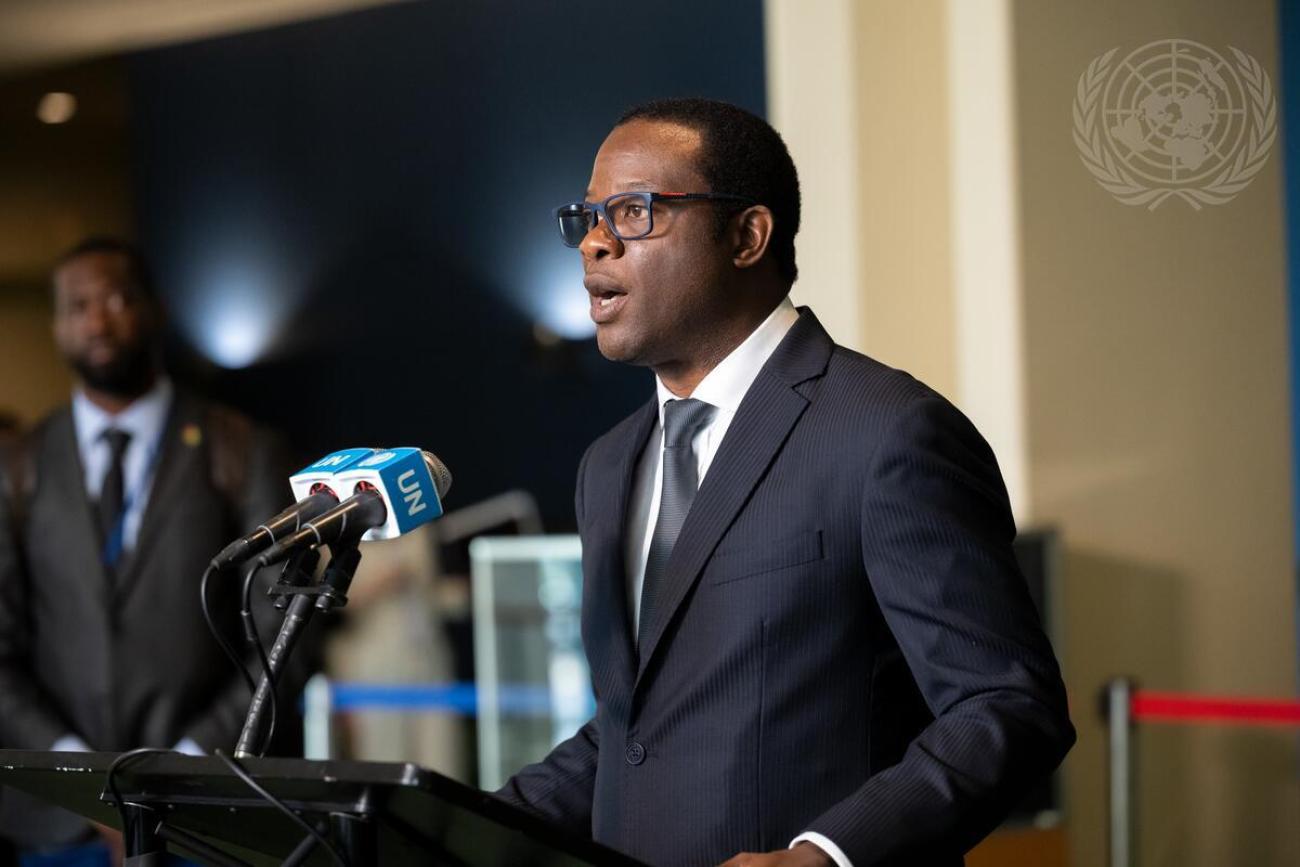 Hugh Hilton Todd, Minister for Foreign Affairs and International Cooperation of the Co-operative Republic of Guyana, briefs reporters after Guyana today was elected non-permanent member of the Security Council for 2024 – 2025.