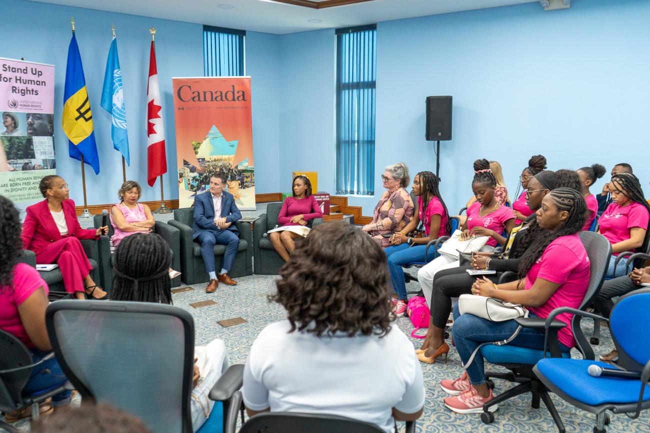 L-R Dr. Renata Clarke, FAO Sub-Regional Coordinator for the Caribbean, H.E. Lilian Chatterjee, High Commissioner of Canada in Barbados, Didier Trebucq, UN Resident Coordinator, and Ronelle King, Co-founder of Pink Parliament in discussion with Pink Parliamentarians during their visit to UN House.