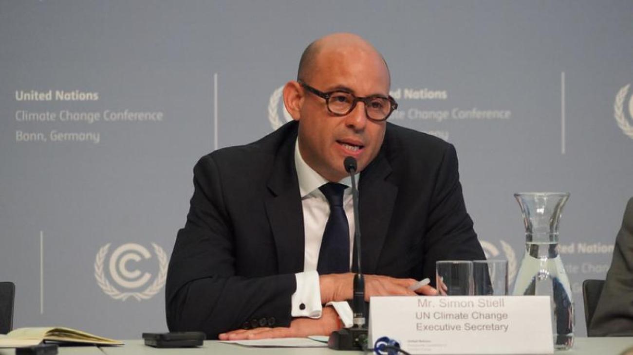 Simon Stiell, Executive Secretary of the United Nations Framework Convention on Climate Change (UNFCCC) briefs the press on the opening day of the Climate Change Conference held in Bonn, Germany, 5 June 2023.
