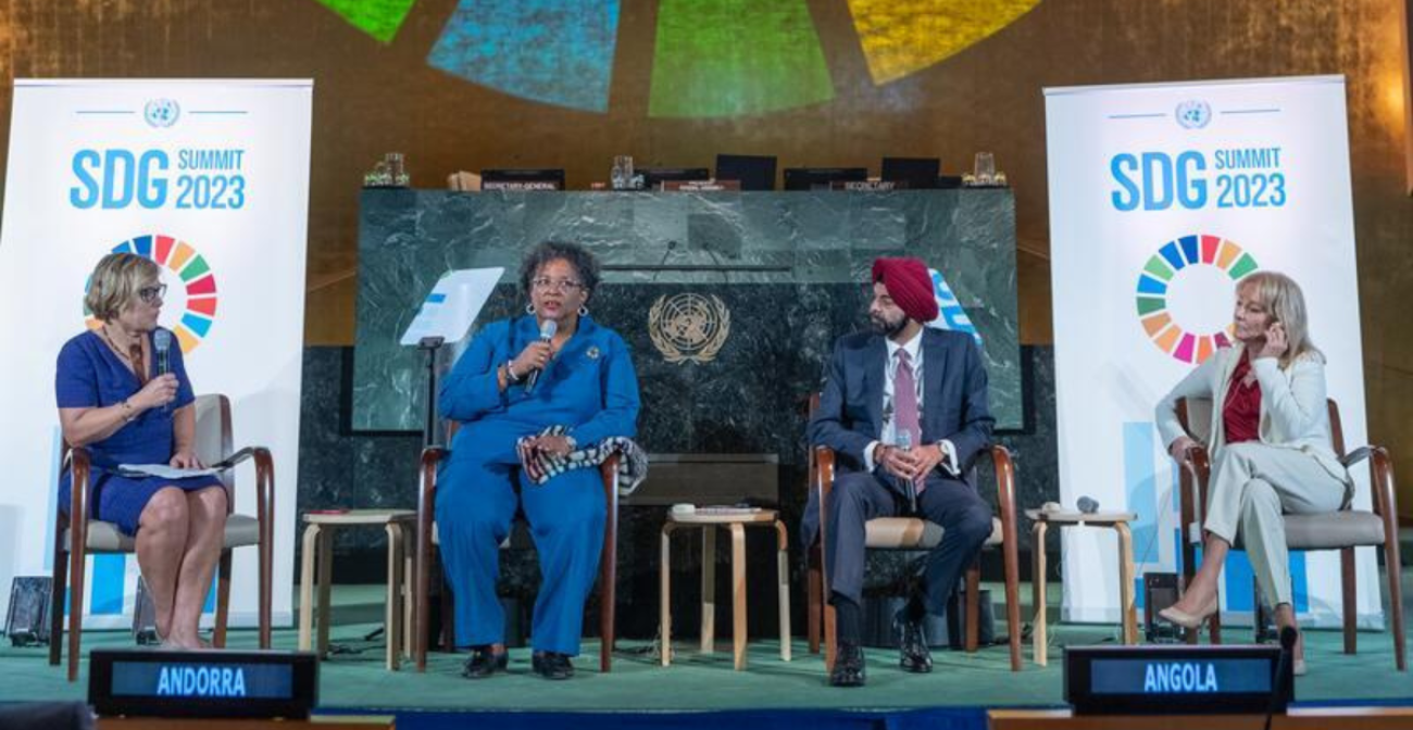 Mia Amor Mottley (centre left), Prime Minister of Barbados and Co-Chair of the Sustainable Development Goals Advocates group, speaks during a "fireside chat" during the 2023 SDG Summit. At left is moderator Gillian Tett, from the Financial Times. At centre right is Ajay Banga, President of World Bank Group, and at right is Carolina Cosse, Mayor of Montevideo, Uruguay.