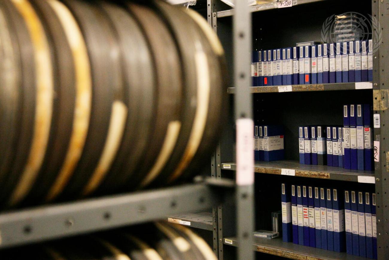 Stacks of film reels and videos in the Department of Public Information (DPI)’s archives at UN Headquarters. 