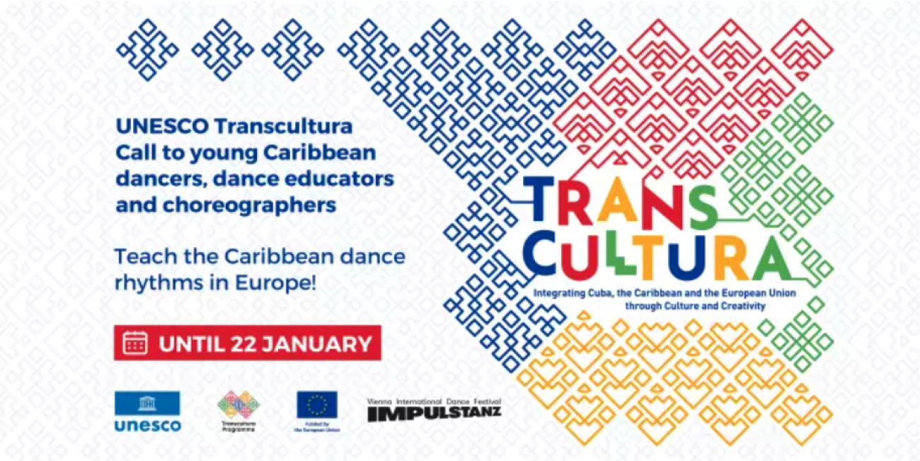 Flyer for UNESCO Transcultura Call to young Caribbean dancers, dance educators and choreographers