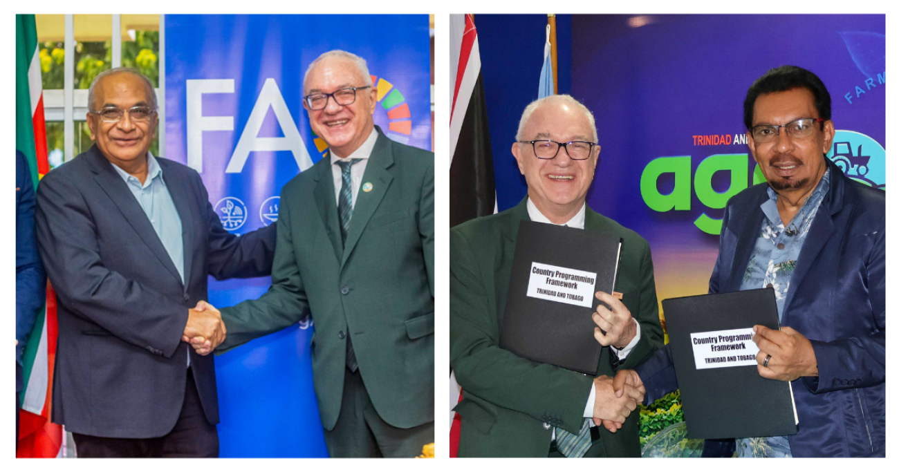 FAO Regional Representative for Latin America and the Caribbean shakes hands with Minister of Agriculture from the two countries, holding the signed agreements.