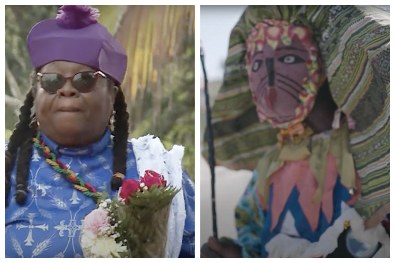 On the left, a leader of the Revival Pilgrimage to the COmmunity of Watt Town in Jamaica and on the right, a Shakespeare mas character from Carriacou, Grenada's Carnival.