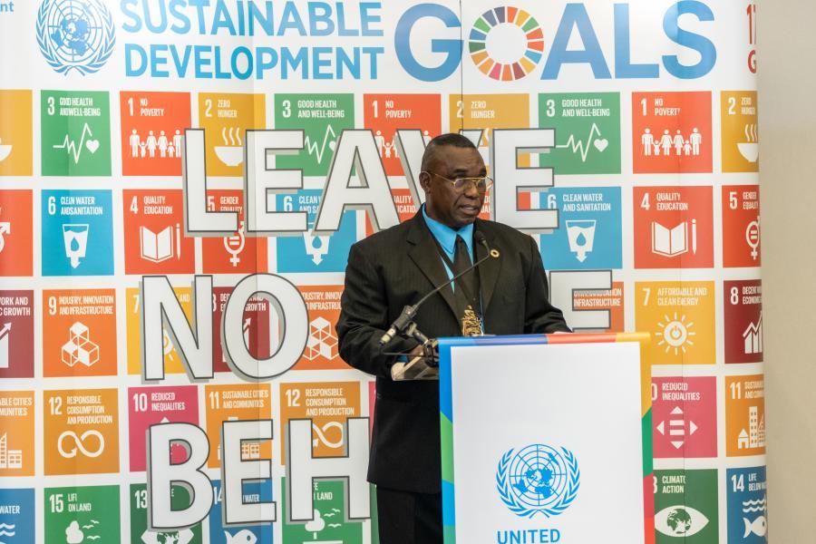 Resident Coordinator a.i., Reuben Robertson, delivers the welcome remarks during the launch of the 2022 Annual Results Report.