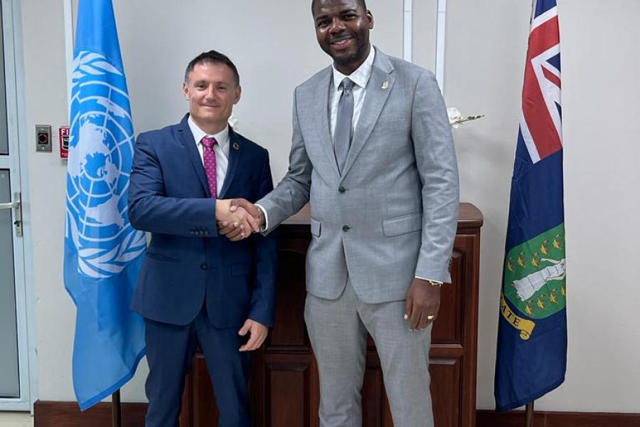 Didier Trebucq, UN Resident Coordinator for Barbados and Eastern Caribbean Countries and territories (L) The Hon. Natalio Wheatley, British Virgin Islands Premier and Minister for Tourism, Culture and Sustainable Development (R)