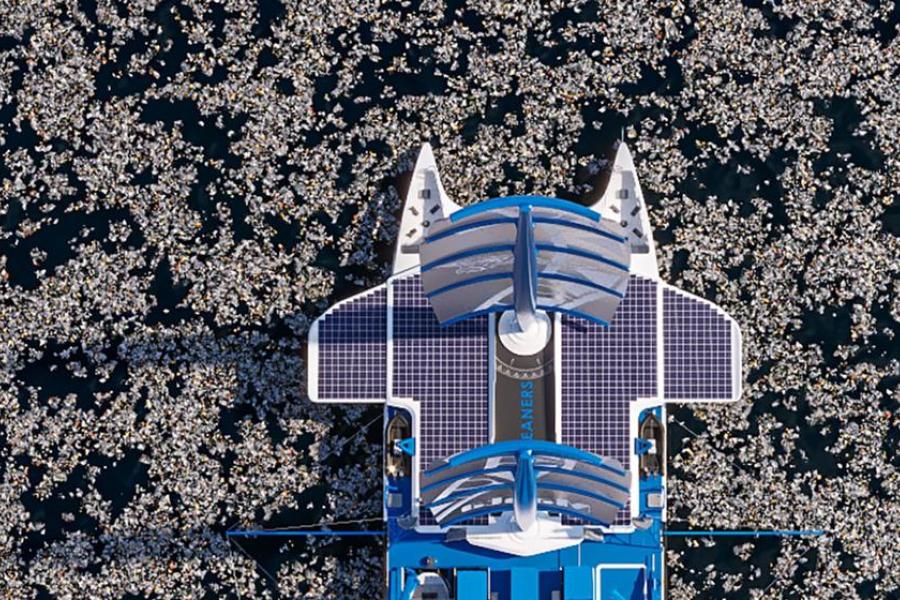The MANTA is "a giant against pollution", said activist Yvan Bourgnon, whose teams aim at cleaning up the world's oceans.