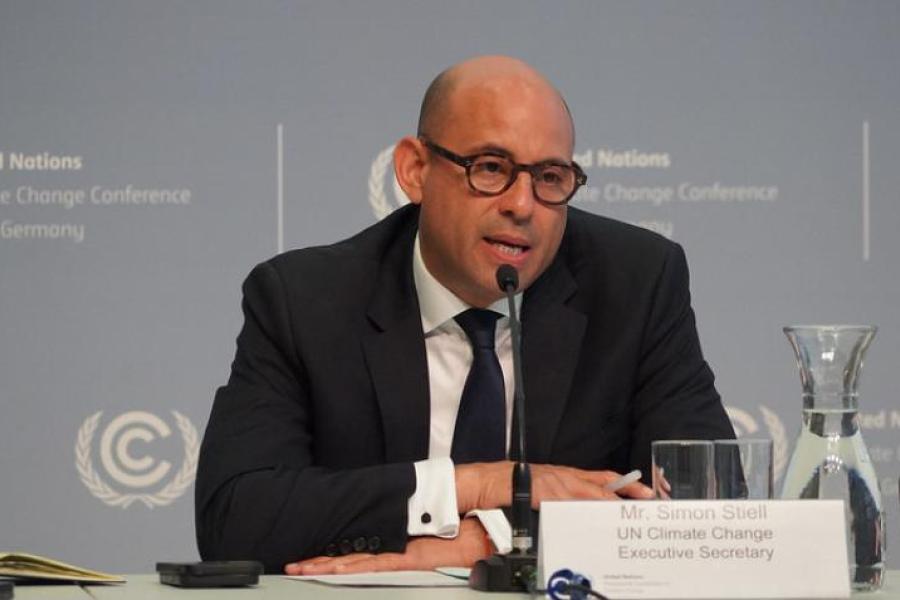Simon Stiell, Executive Secretary of the United Nations Framework Convention on Climate Change (UNFCCC) briefs the press on the opening day of the Climate Change Conference held in Bonn, Germany, 5 June 2023.
