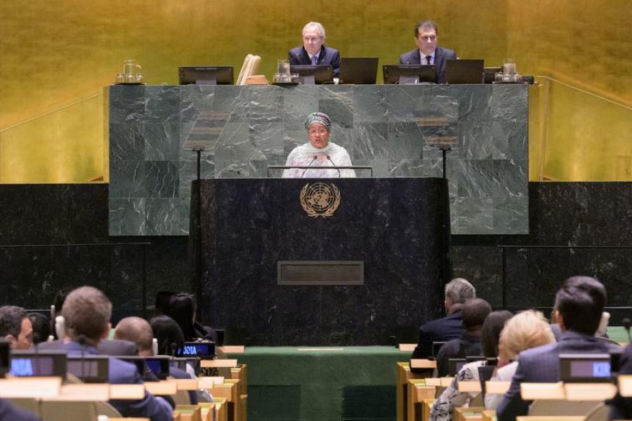 Deputy Secretary-General Amina Mohammed (at podium) addresses the closing meeting of the 77th session of the General Assembly.