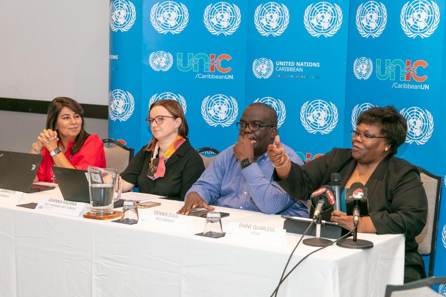 From left: Liliana Garavito, UNIC Caribbean Director; Joanna Kazana, UN Resident Coordinator for Trinidad and Tobago, Aruba, Curacao, and Sint Maarten; and Dennis Zulu, Resident Coordinator in Jamaica, The Bahamas, Bermuda, Turks and Caicos and Cayman Islands; Diane Quarless, Director of the ECLAC Subregional Headquarters for the Caribbean.