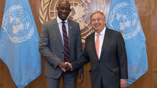 A 2019 meeting between Secretary-General António Guterres (right) and Dr Keith Rowley, Prime Minister of the Republic of Trinidad and Tobago.