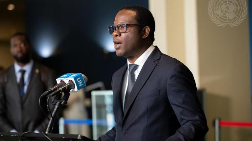 Hugh Hilton Todd, Minister for Foreign Affairs and International Cooperation of the Co-operative Republic of Guyana, briefs reporters after Guyana today was elected non-permanent member of the Security Council for 2024 – 2025.