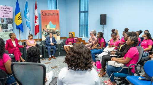L-R Dr. Renata Clarke, FAO Sub-Regional Coordinator for the Caribbean, H.E. Lilian Chatterjee, High Commissioner of Canada in Barbados, Didier Trebucq, UN Resident Coordinator, and Ronelle King, Co-founder of Pink Parliament in discussion with Pink Parliamentarians during their visit to UN House.
