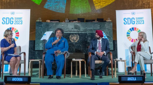 Mia Amor Mottley (centre left), Prime Minister of Barbados and Co-Chair of the Sustainable Development Goals Advocates group, speaks during a "fireside chat" during the 2023 SDG Summit. At left is moderator Gillian Tett, from the Financial Times. At centre right is Ajay Banga, President of World Bank Group, and at right is Carolina Cosse, Mayor of Montevideo, Uruguay.