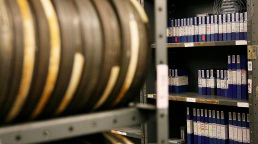 Stacks of film reels and videos in the Department of Public Information (DPI)’s archives at UN Headquarters. 