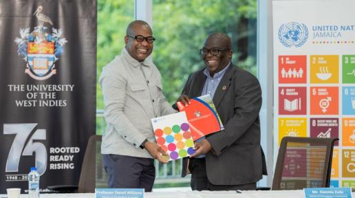 UN Inks New Partnership with the University of the West Indies. Agreement signed by Professor Densil A. Williams, Principal, UWI Mona (L) and Mr. Dennis Zulu UN Resident Coordinator (R)