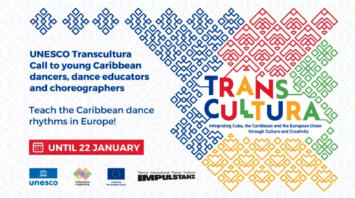 Flyer for UNESCO Transcultura Call to young Caribbean dancers, dance educators and choreographers