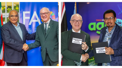 FAO Regional Representative for Latin America and the Caribbean shakes hands with Minister of Agriculture from the two countries, holding the signed agreements.