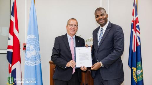 UN Resident Coordinator, Simon Springett, presents his credentials to Premier of the British Virgin Islands, Dr. the Hon. Natalio Wheatley.