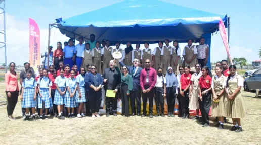 The First Lady of Guyana Her Excellency Arya Ali, UNICEF Guyana Representative Nicolas Pron, Director Mental Health Unit, Ministry of Health and other officials at launch of Hear Me Out Mental Health campaign launch at Port Moraunt Berbic