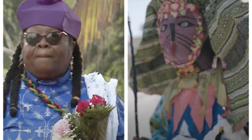 On the left, a leader of the Revival Pilgrimage to the COmmunity of Watt Town in Jamaica and on the right, a Shakespeare mas character from Carriacou, Grenada's Carnival.