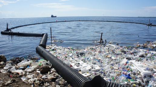 A debris boom installed in Kingston, Jamaica, intercepts plastic bottles, styrofoam and other floating waste before it enters the Caribbean Sea.